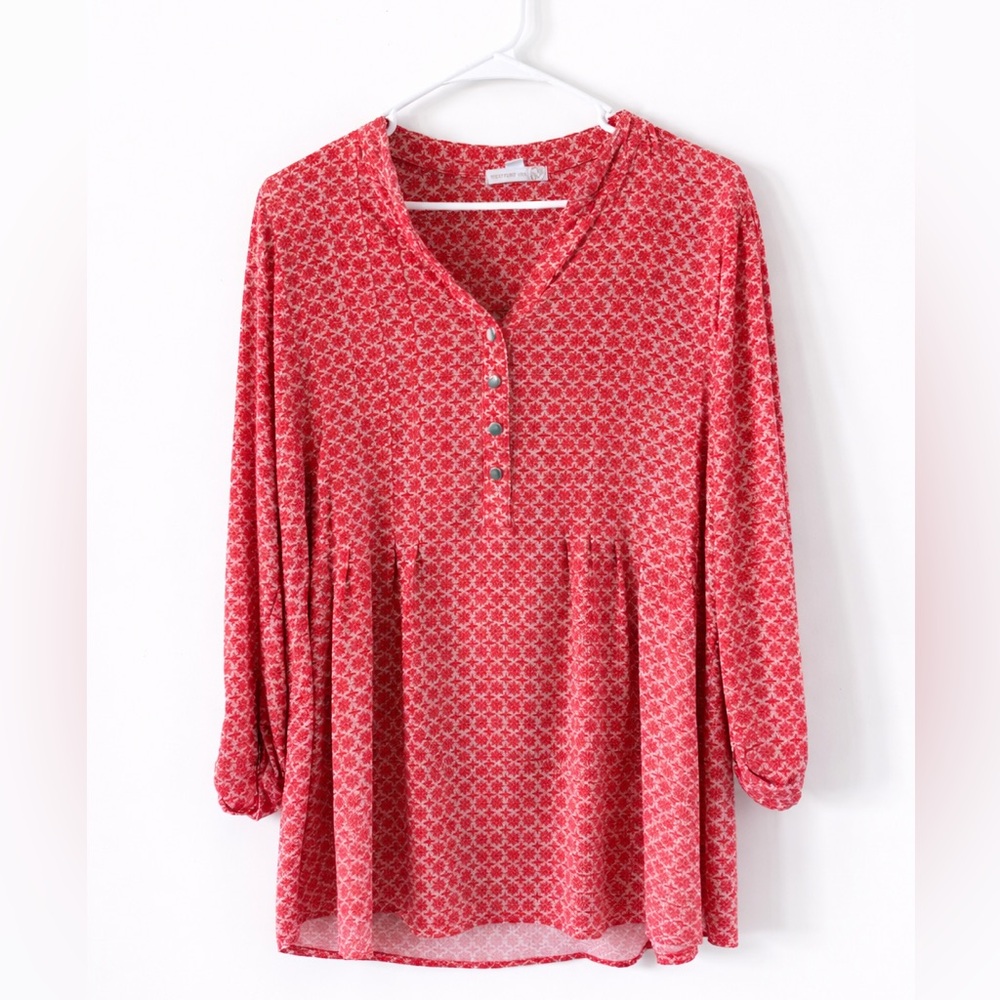 Westport 1962 Red White Geometric Floral Button V-Neck Blouse Woman 1X